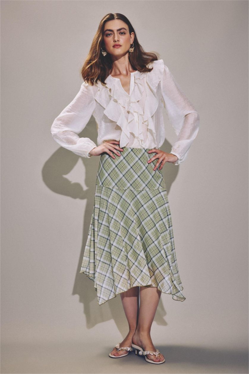 Woman Ecru A-Line Plaid Normal Waist Tulle Midi Skirt