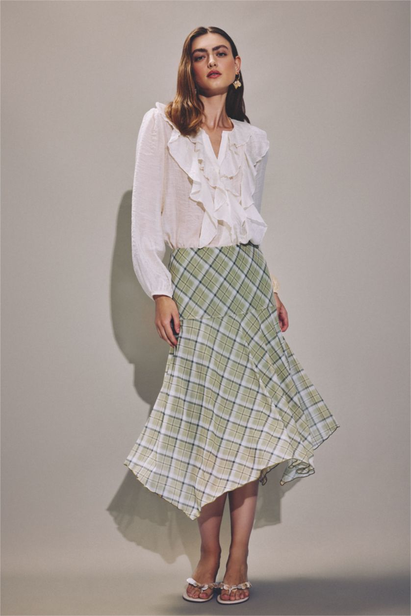 Woman Ecru A-Line Plaid Normal Waist Tulle Midi Skirt