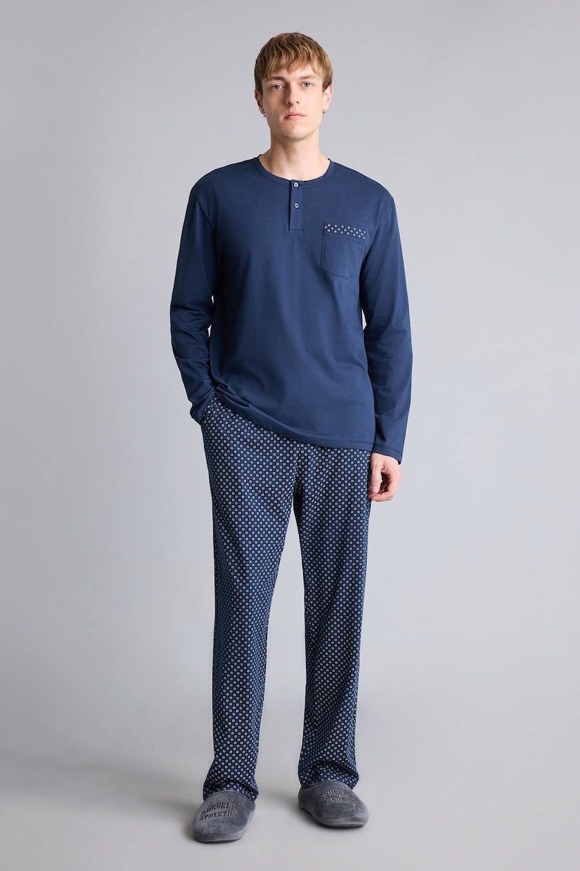 Erkek Lacivert %100 Pamuk Regular Fit Henley Yaka 2'li Pijama Takımı