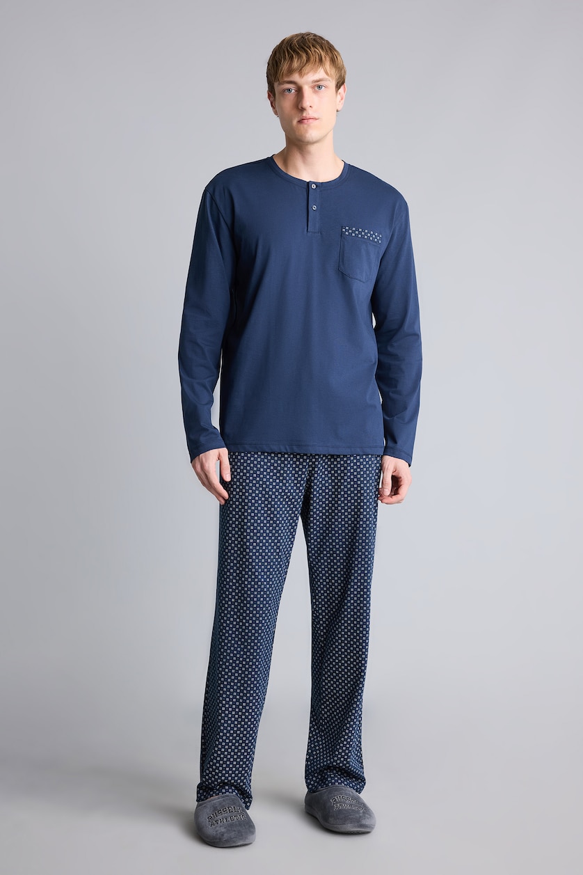 Erkek Lacivert %100 Pamuk Regular Fit Henley Yaka 2'li Pijama Takımı