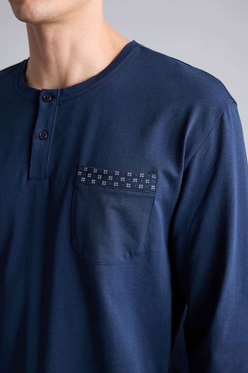 Erkek Lacivert %100 Pamuk Regular Fit Henley Yaka 2'li Pijama Takımı