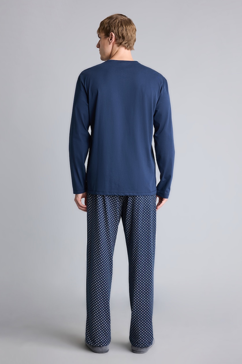 Erkek Lacivert %100 Pamuk Regular Fit Henley Yaka 2'li Pijama Takımı