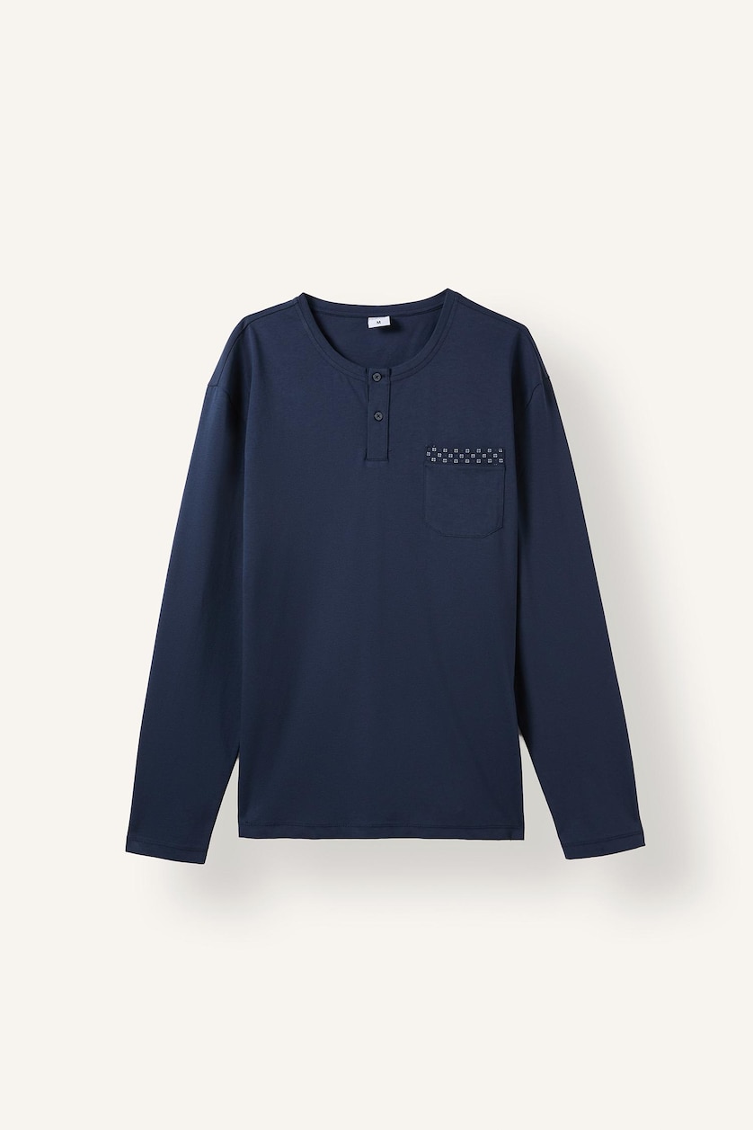 Erkek Lacivert %100 Pamuk Regular Fit Henley Yaka 2'li Pijama Takımı