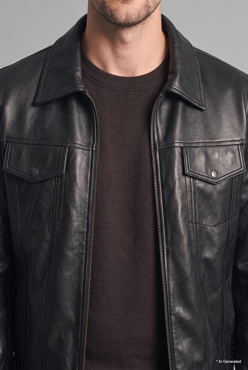 Men Black Regular Fit Shirt Collar Zip-Up Faux Leather Jacket