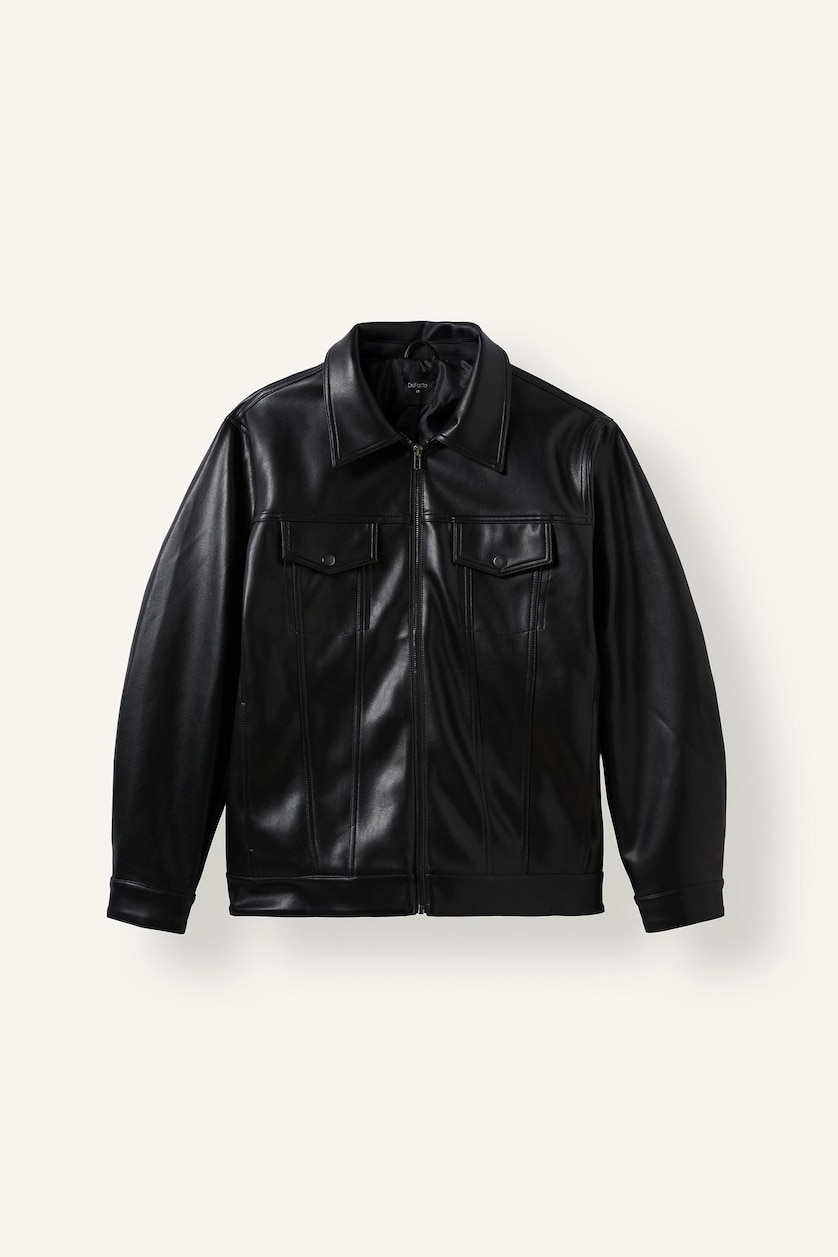 MAN Black Zipper Faux Leather Jacket