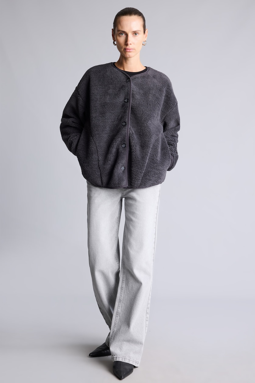 Women Dark Anthracite Regular Fit Sherpa Cardigan