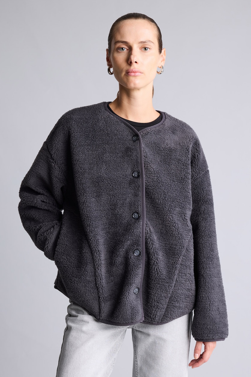 Women Dark Anthracite Regular Fit Sherpa Cardigan