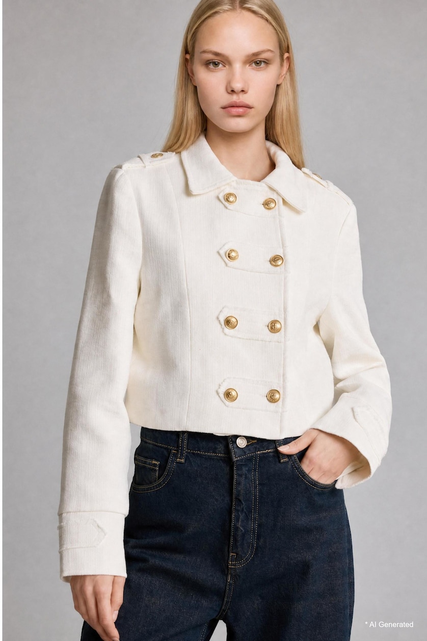 Women Ecru Stand Collar Tweed Napoleon Jacket