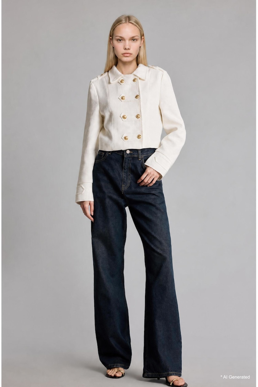 Women Ecru Stand Collar Tweed Napoleon Jacket