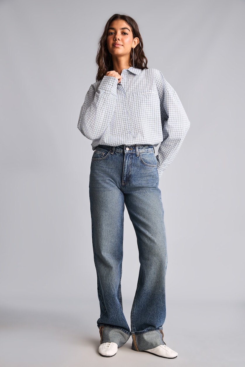 Women Light Blue Oversize Fit Wowen Fabrics Long Sleeve Shirt