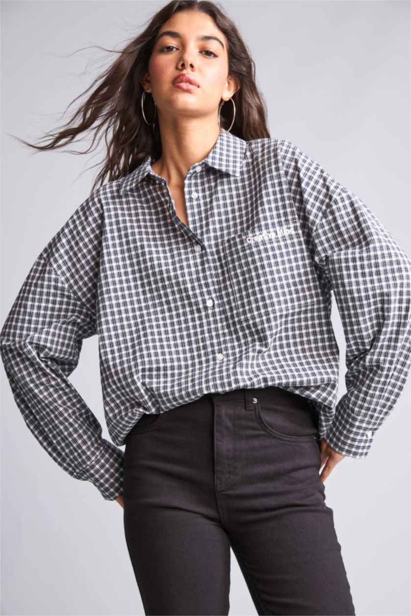 Women NAVY Oversize Fit Wowen Fabrics Long Sleeve Shirt