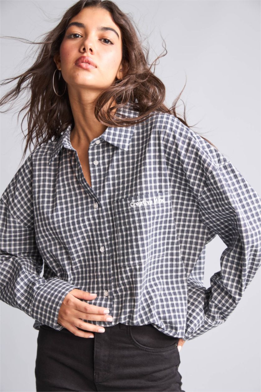Women NAVY Oversize Fit Wowen Fabrics Long Sleeve Shirt