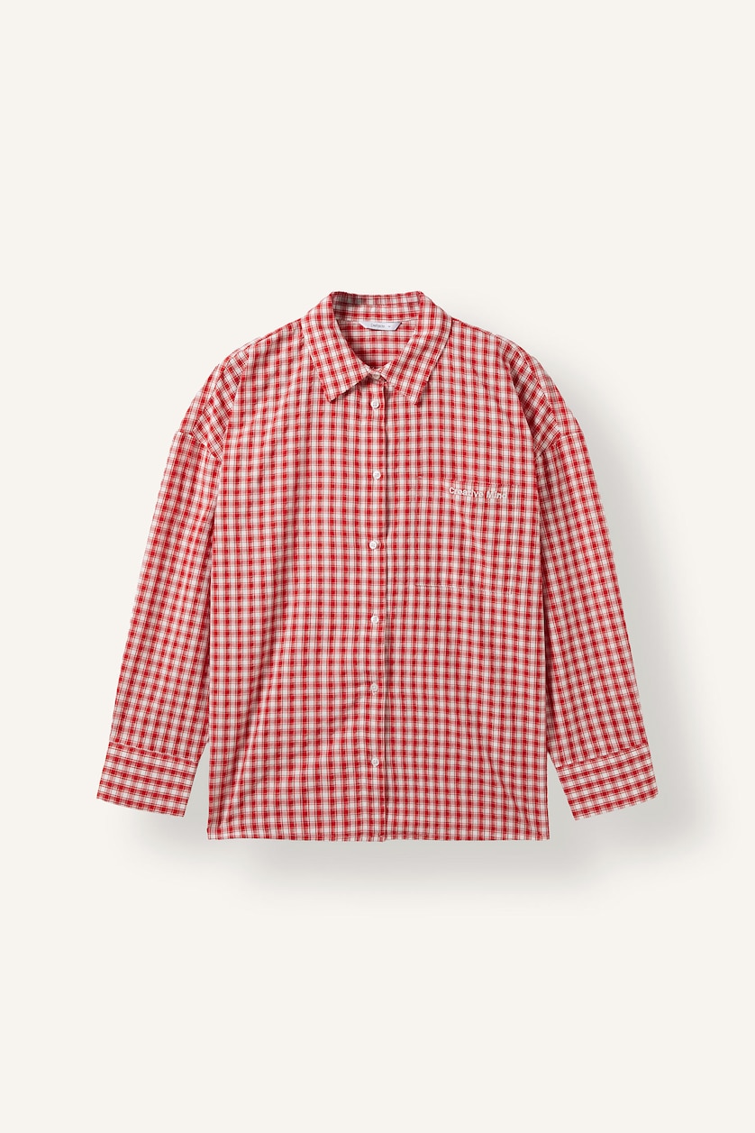 WOMAN Red Woman Oversize Fit Red 100% Cotton Checkered Long Sleeve Shirt