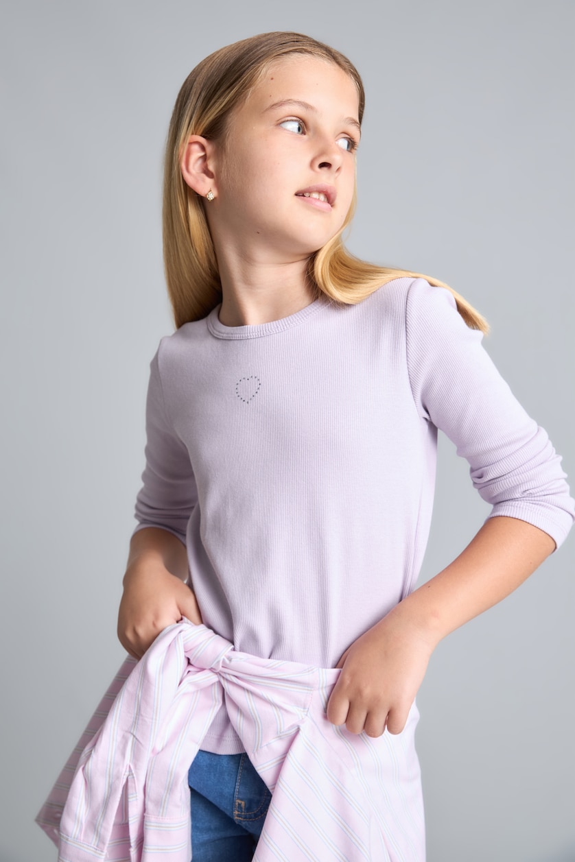 GIRLS & TEENS Light Lilac Girl Fitted Crew Neck Heart Pattern Ribbed T-Shirt