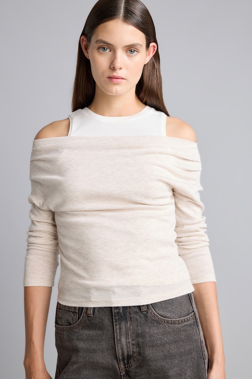 Kadın Kum %100 Pamuk Slim Fit Tek Omuz Ribana Basic Tişört