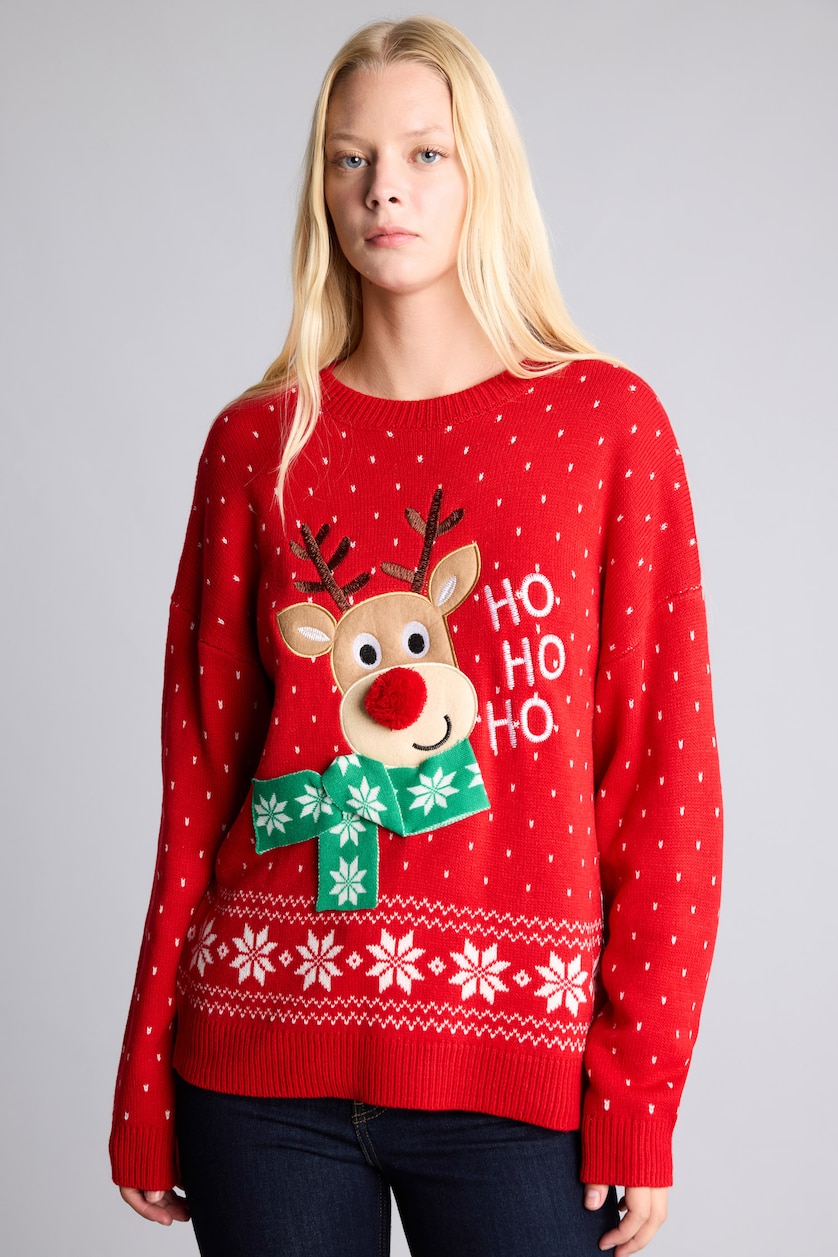 WOMAN Red Regular Fit Crew Neck Knitted Christmas Pullover