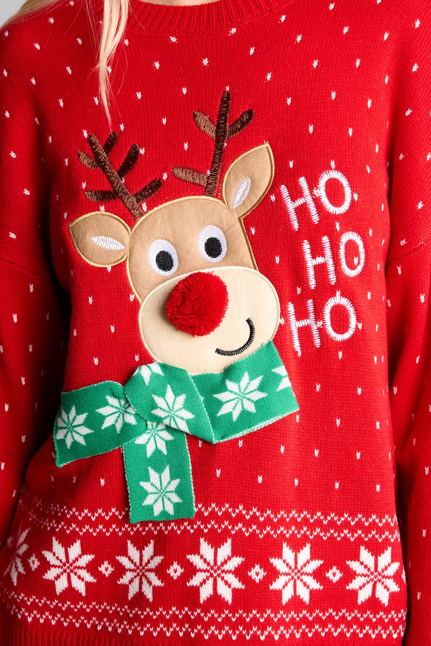 WOMAN Red Regular Fit Crew Neck Knitted Christmas Pullover