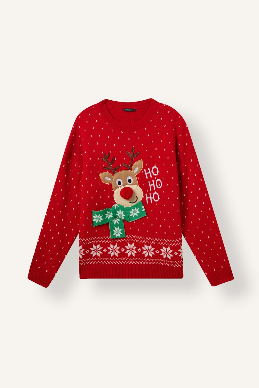 WOMAN Red Regular Fit Crew Neck Knitted Christmas Pullover