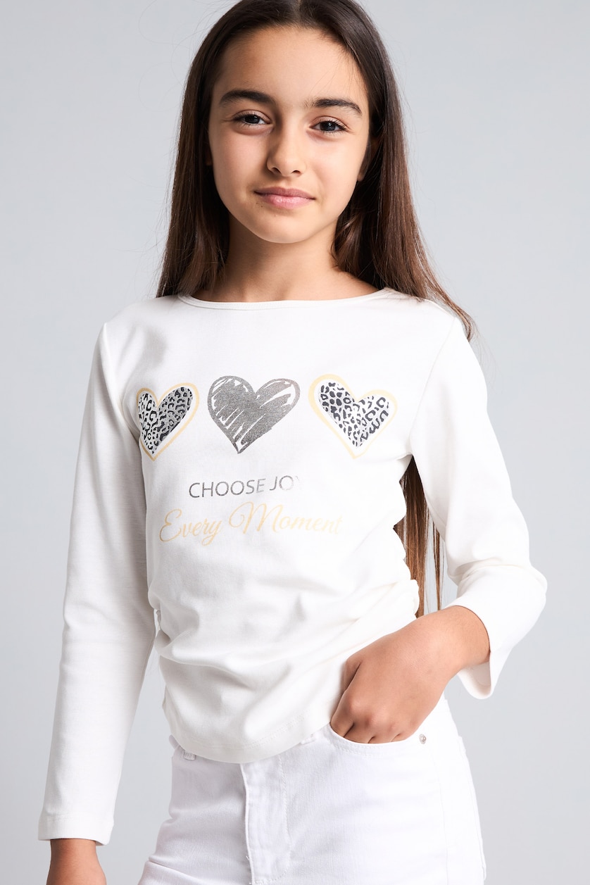 GIRLS & TEENS White Girl Ribbed Heart Print Long Sleeved Boat Neck T-shirt