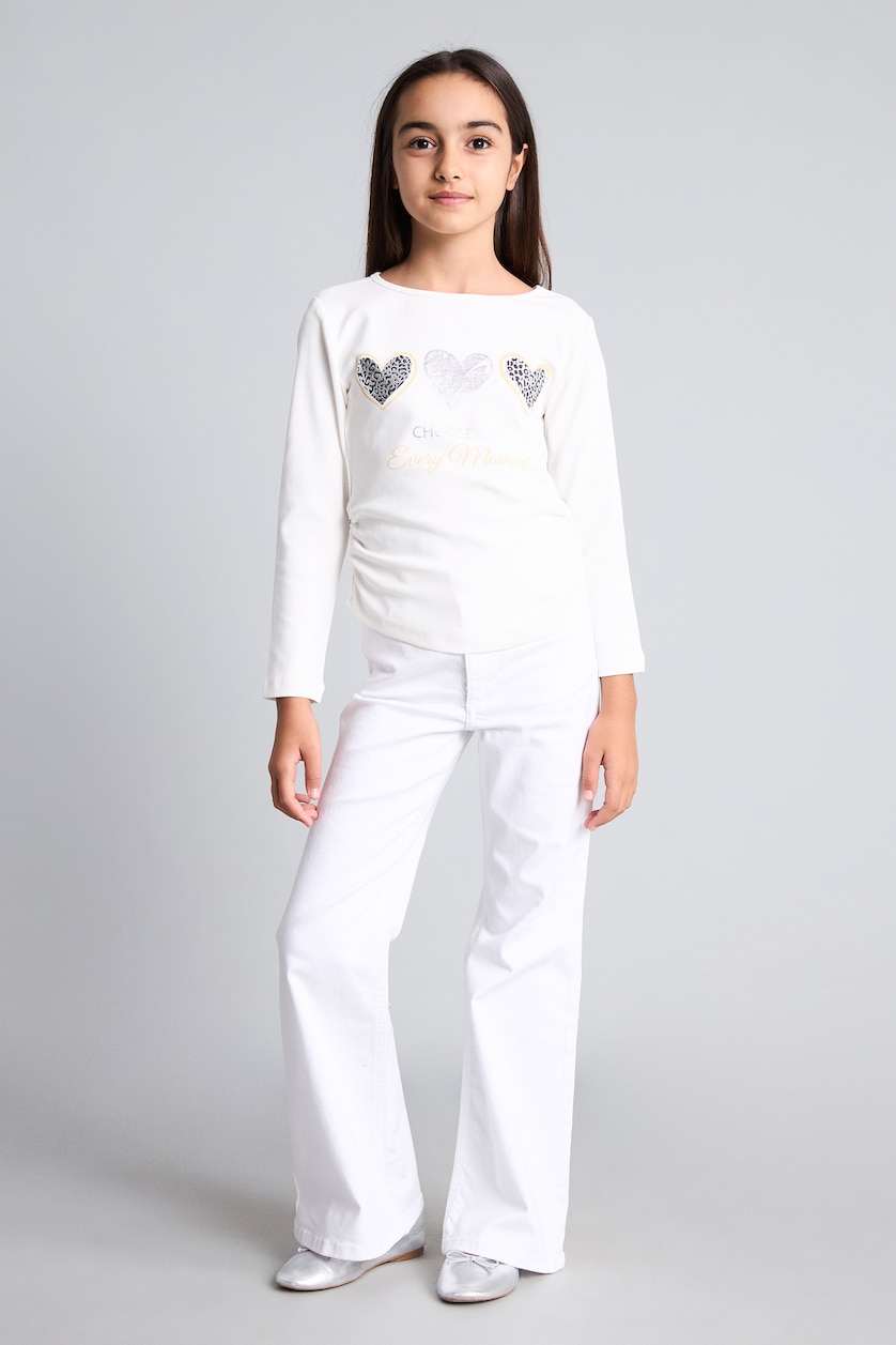 GIRLS & TEENS White Girl Ribbed Heart Print Long Sleeved Boat Neck T-shirt