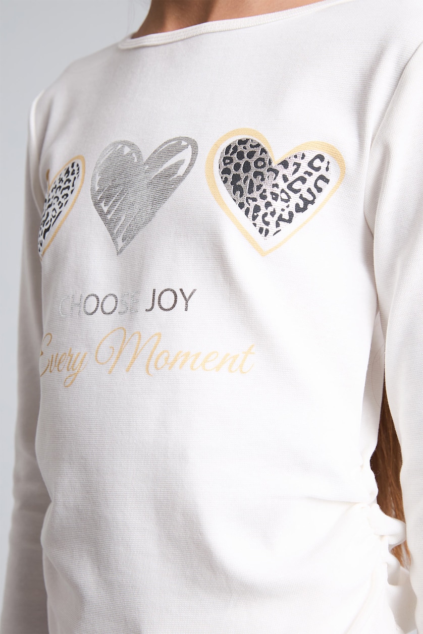 GIRLS & TEENS White Girl Ribbed Heart Print Long Sleeved Boat Neck T-shirt