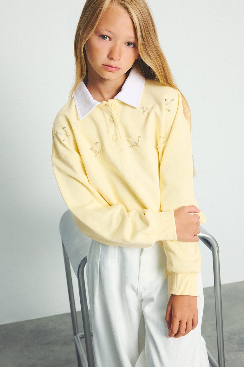 Young Girls - Teen Girls Light Yellow Girl Relaxed Fit Light Yellow 100% Cotton Polo Collar Long Sleeve Sweatshirt