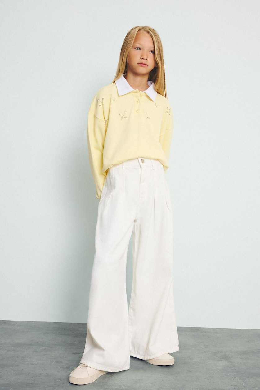 Young Girls - Teen Girls Light Yellow Girl Relaxed Fit Light Yellow 100% Cotton Polo Collar Long Sleeve Sweatshirt