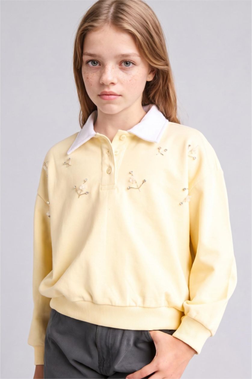 Young Girls - Teen Girls Light Yellow Relax Fit Polo Collar Sweatshirt