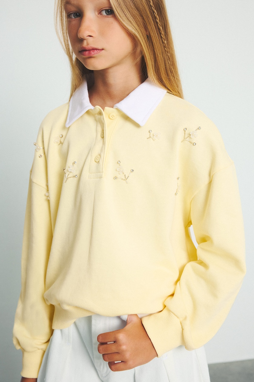 Young Girls - Teen Girls Light Yellow Girl Relaxed Fit Light Yellow 100% Cotton Polo Collar Long Sleeve Sweatshirt