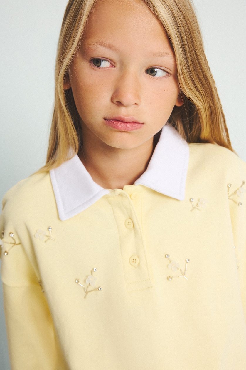 Young Girls - Teen Girls Light Yellow Girl Relaxed Fit Light Yellow 100% Cotton Polo Collar Long Sleeve Sweatshirt