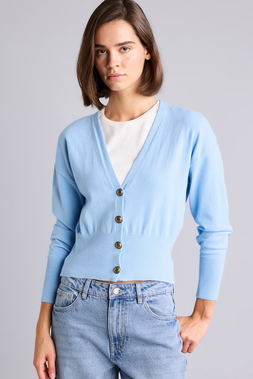 Women Light Blue Slim Fit Knitwear Cardigan
