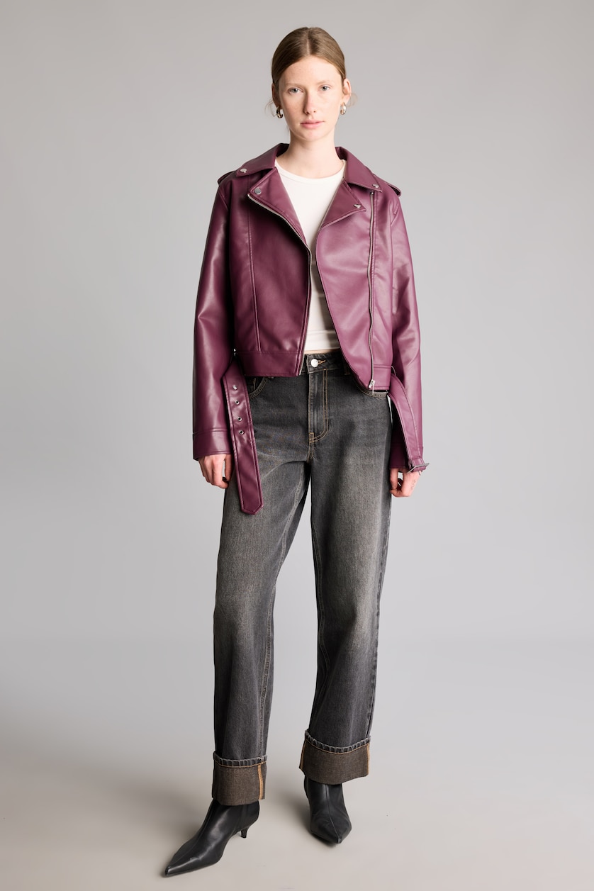 نساء خمري Regular Fit Faux Leather Double-Breasted Jacket