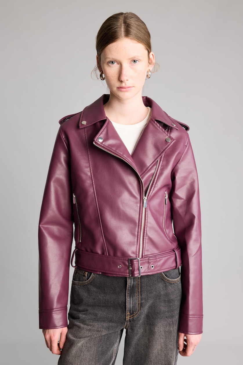 نساء خمري Regular Fit Faux Leather Double-Breasted Jacket