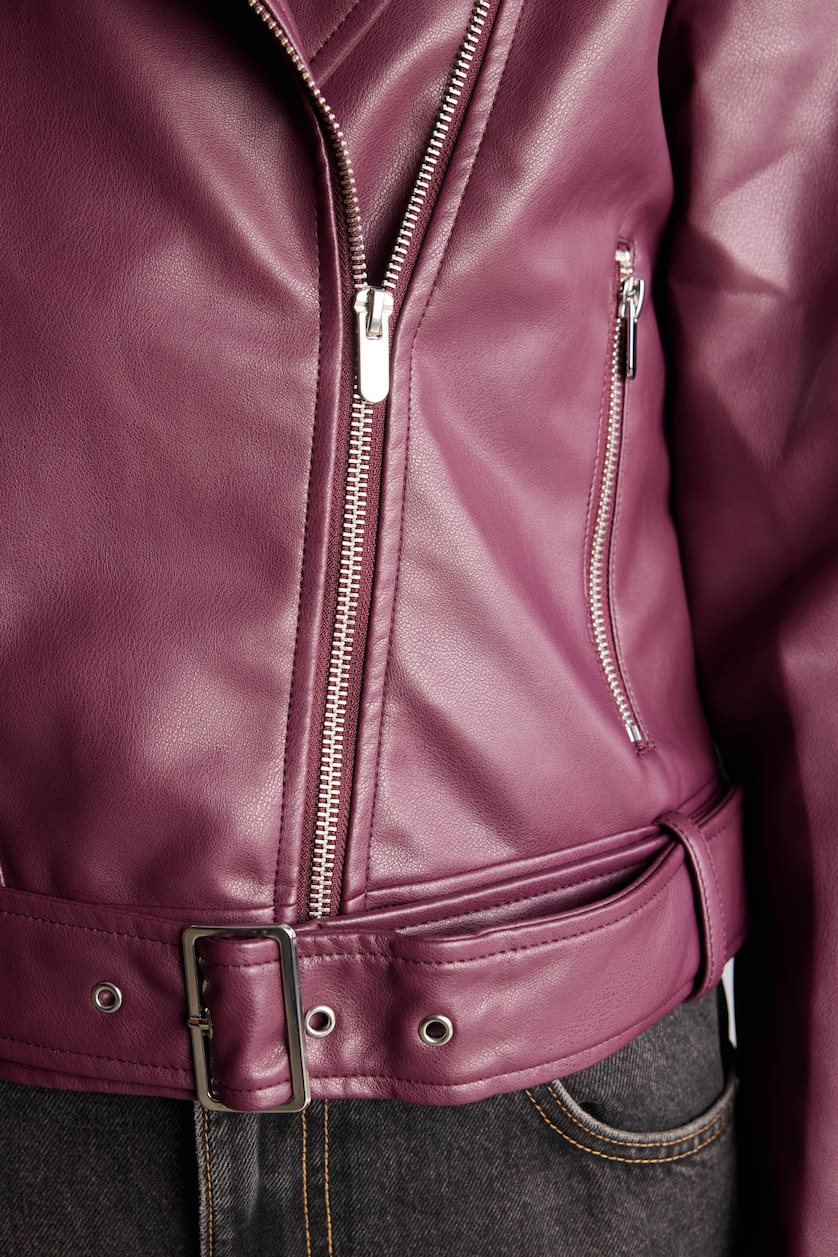 نساء خمري Regular Fit Faux Leather Double-Breasted Jacket