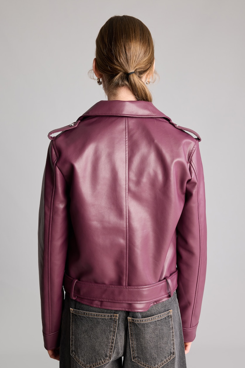 نساء خمري Regular Fit Faux Leather Double-Breasted Jacket
