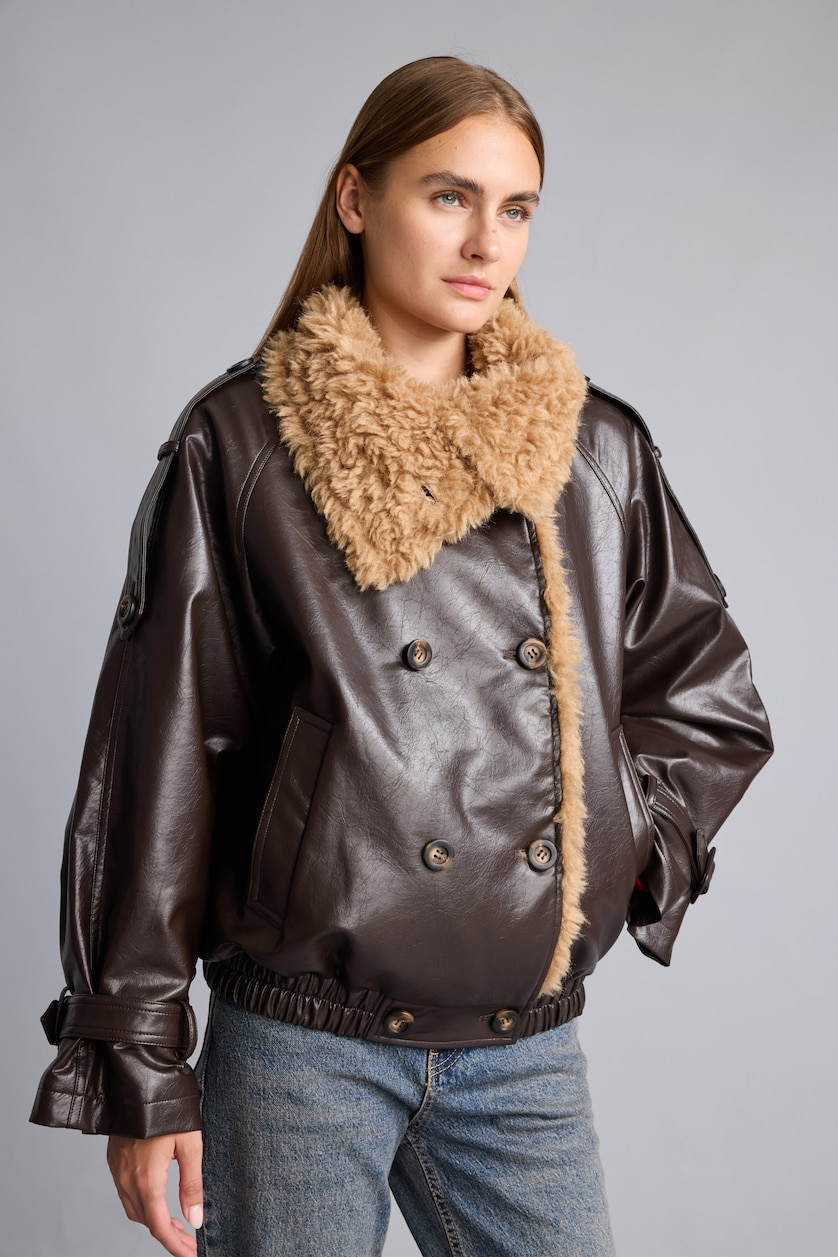 Kadın Kahve Peluş Yakalı Oversize Suni Deri Mont