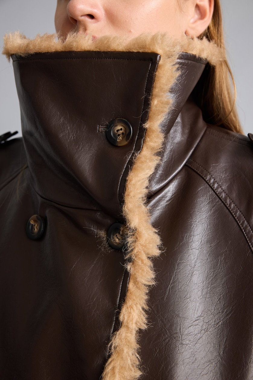 Kadın Kahve Peluş Yakalı Oversize Suni Deri Mont