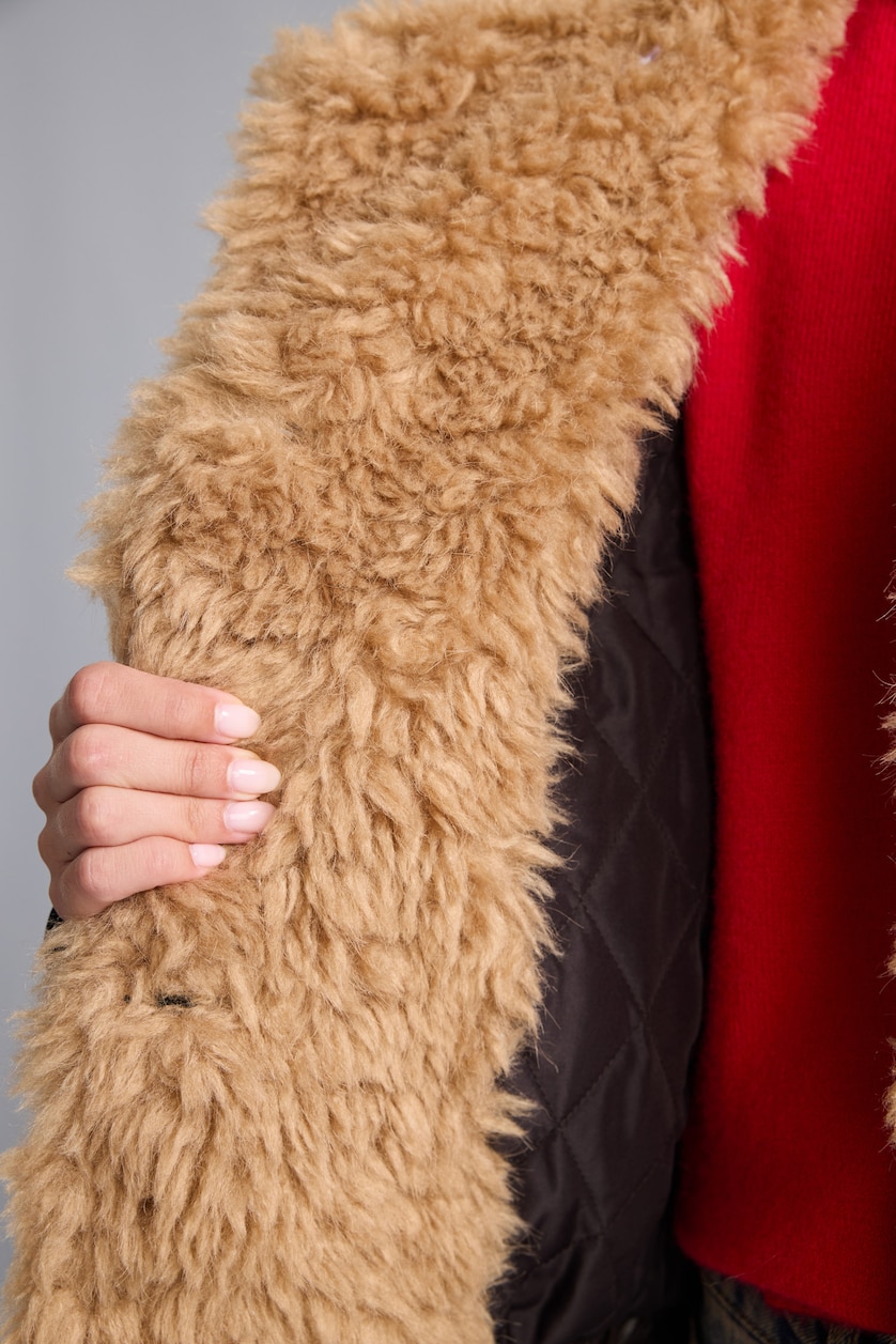 Kadın Kahve Peluş Yakalı Oversize Suni Deri Mont