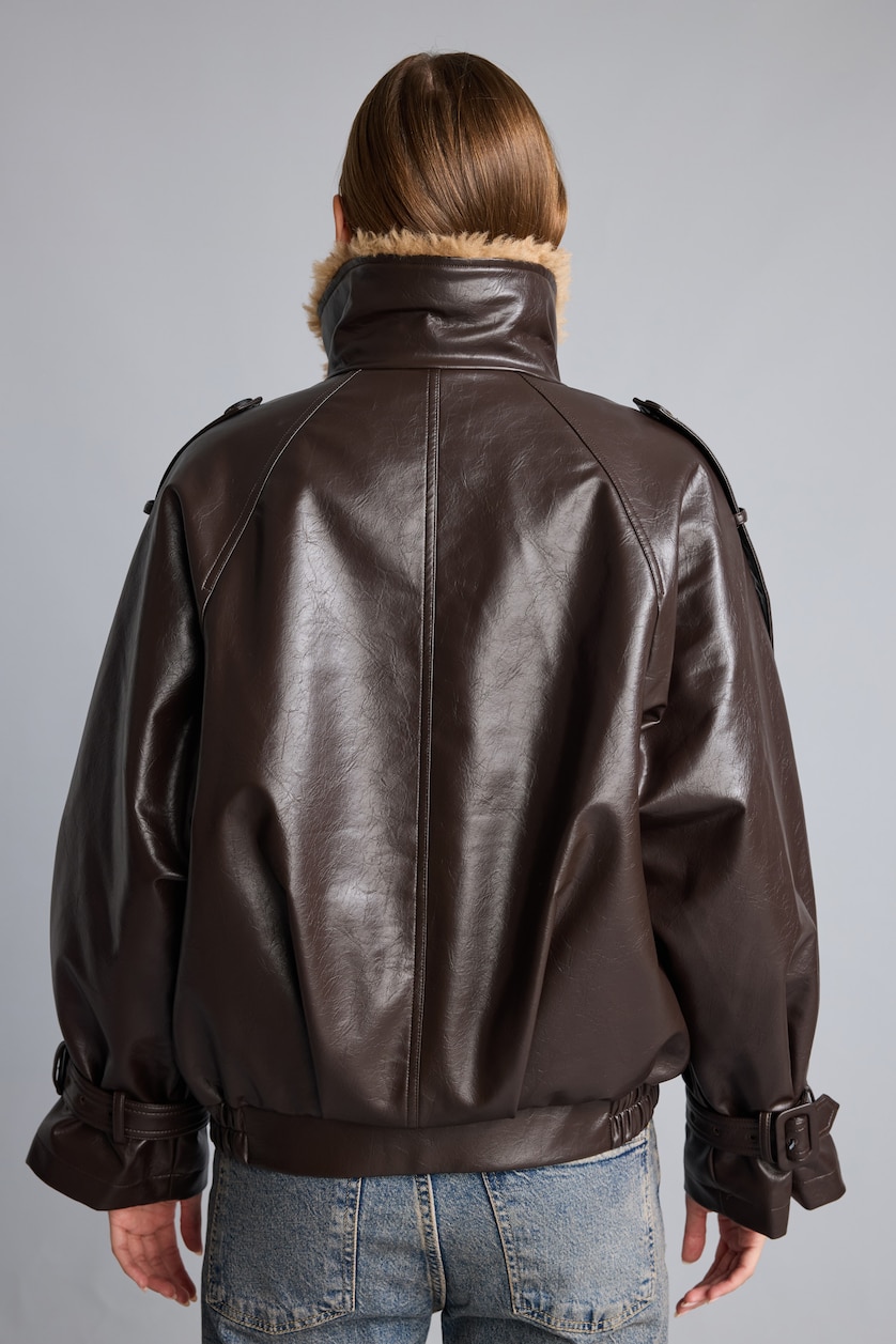 Kadın Kahve Peluş Yakalı Oversize Suni Deri Mont