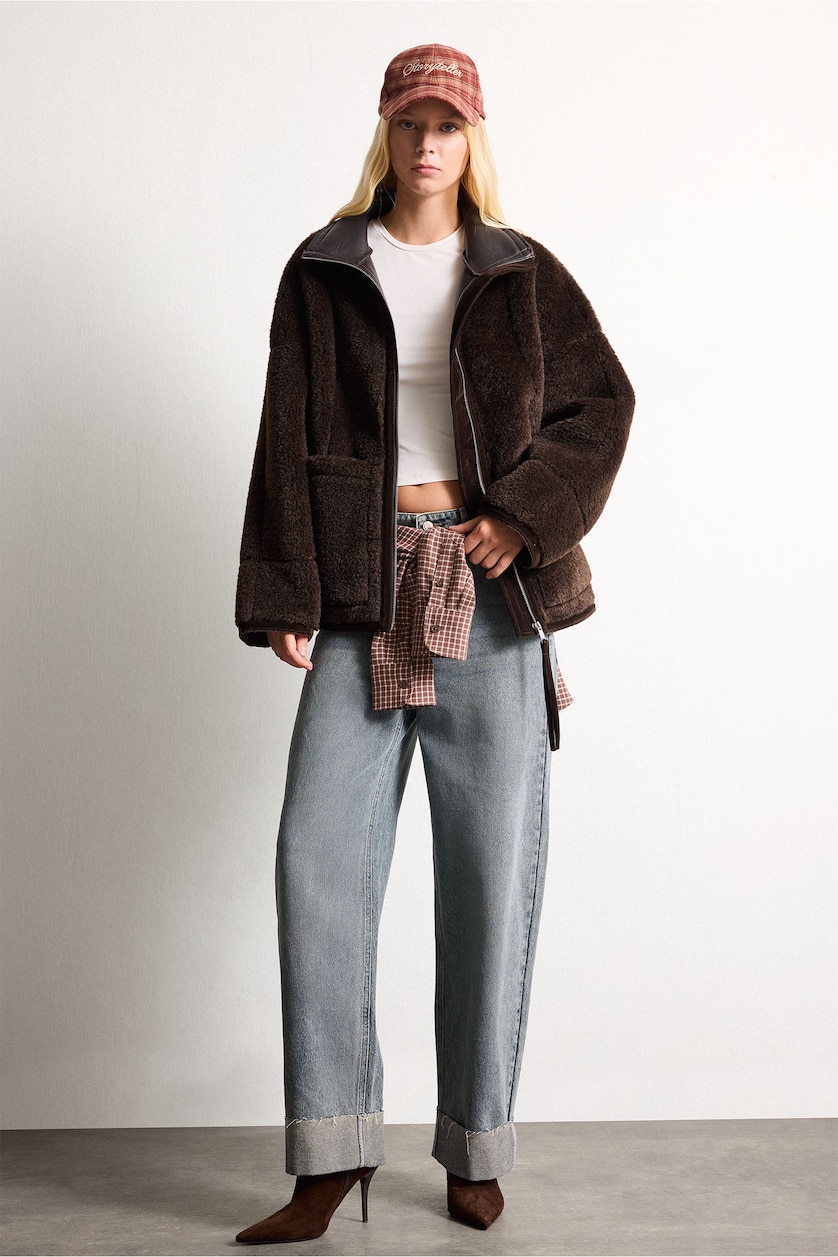 Women Brown Oversize Fit Faux Leather Jacket Faux Leather Jacket