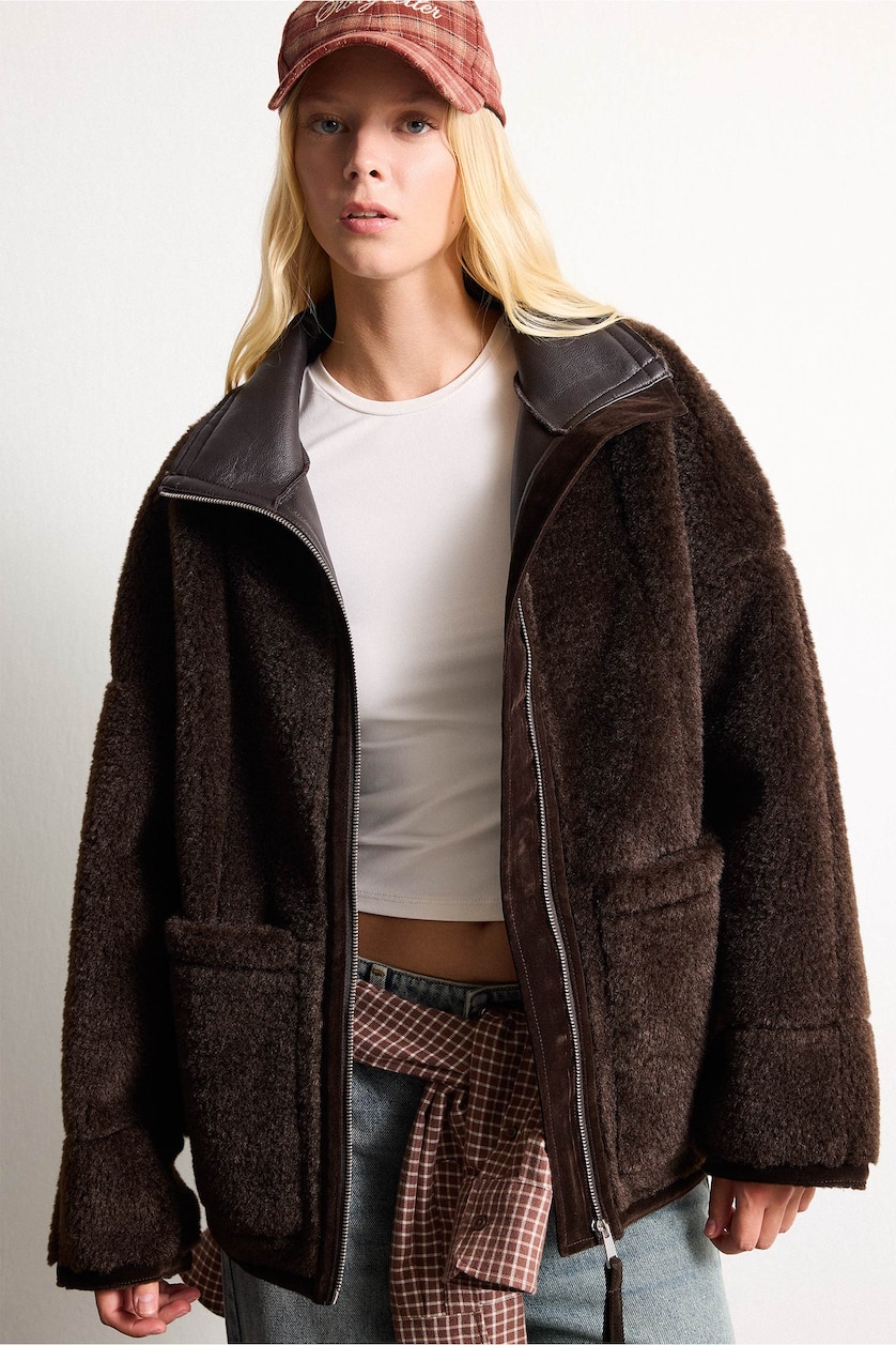 Women Brown Oversize Fit Faux Leather Jacket Faux Leather Jacket