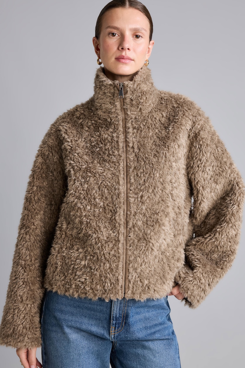 FEMME Marron Veste en fausse fourrure à col montant et fermeture éclair Coupe régulière