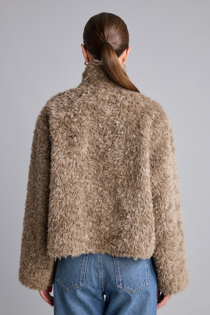 FEMME Marron Veste en fausse fourrure à col montant et fermeture éclair Coupe régulière
