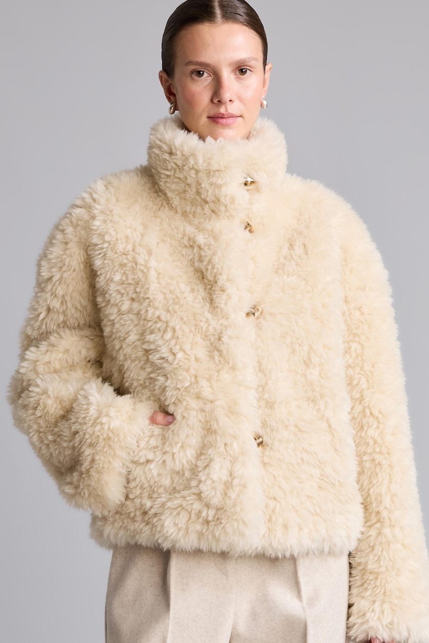 Women Ecru Regular Fit Fur Coat Faux Fur