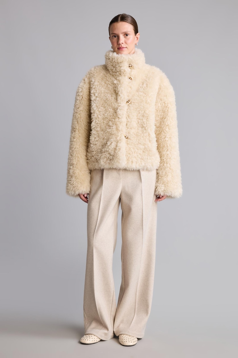 Women Ecru Regular Fit Fur Coat Faux Fur