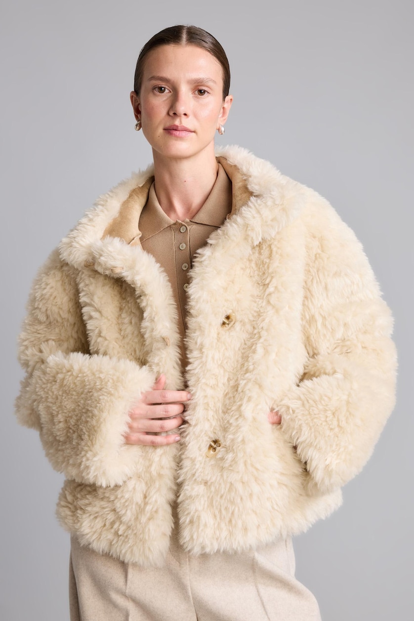 Women Ecru Regular Fit Fur Coat Faux Fur