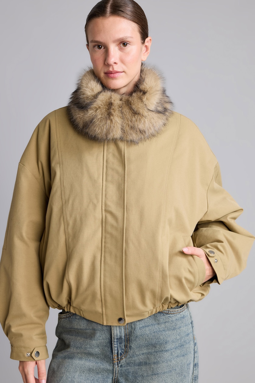 Women Beige Button up Puffer Jacket