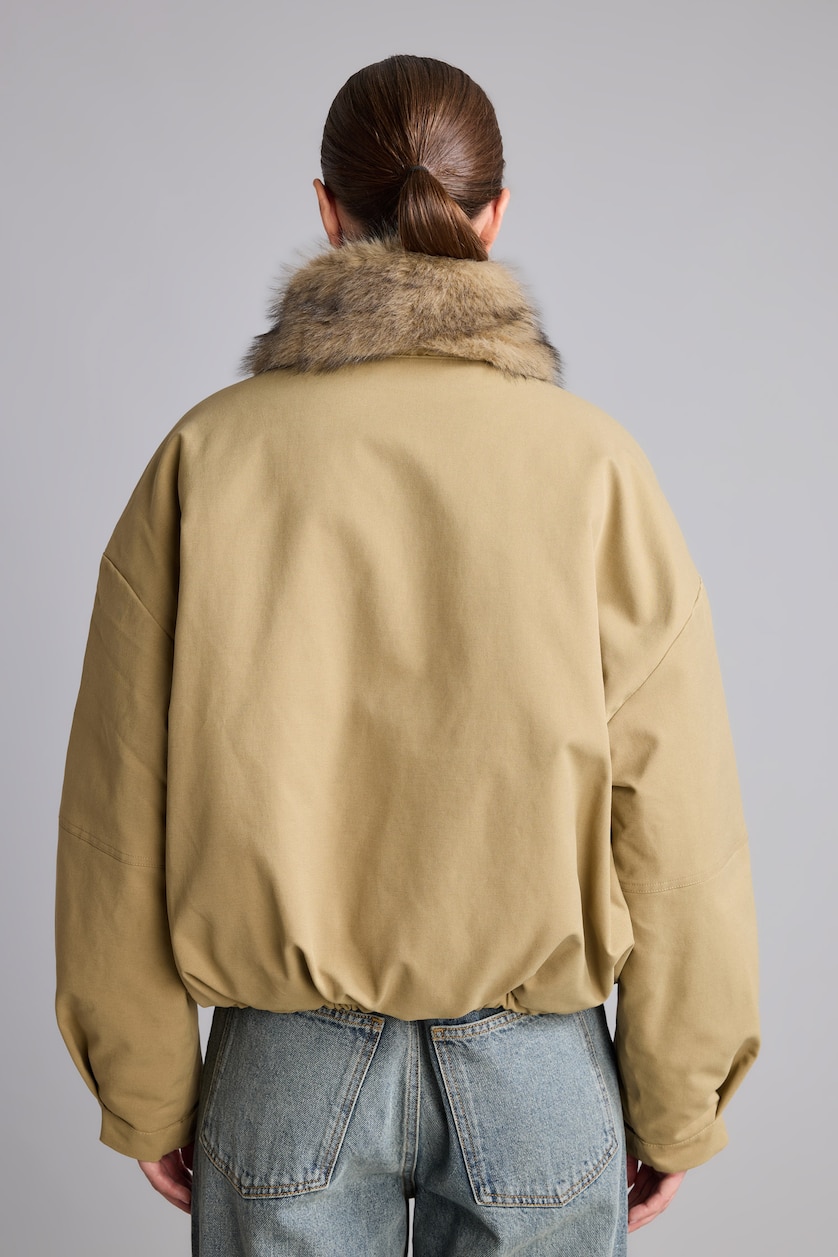 Women Beige Button up Puffer Jacket