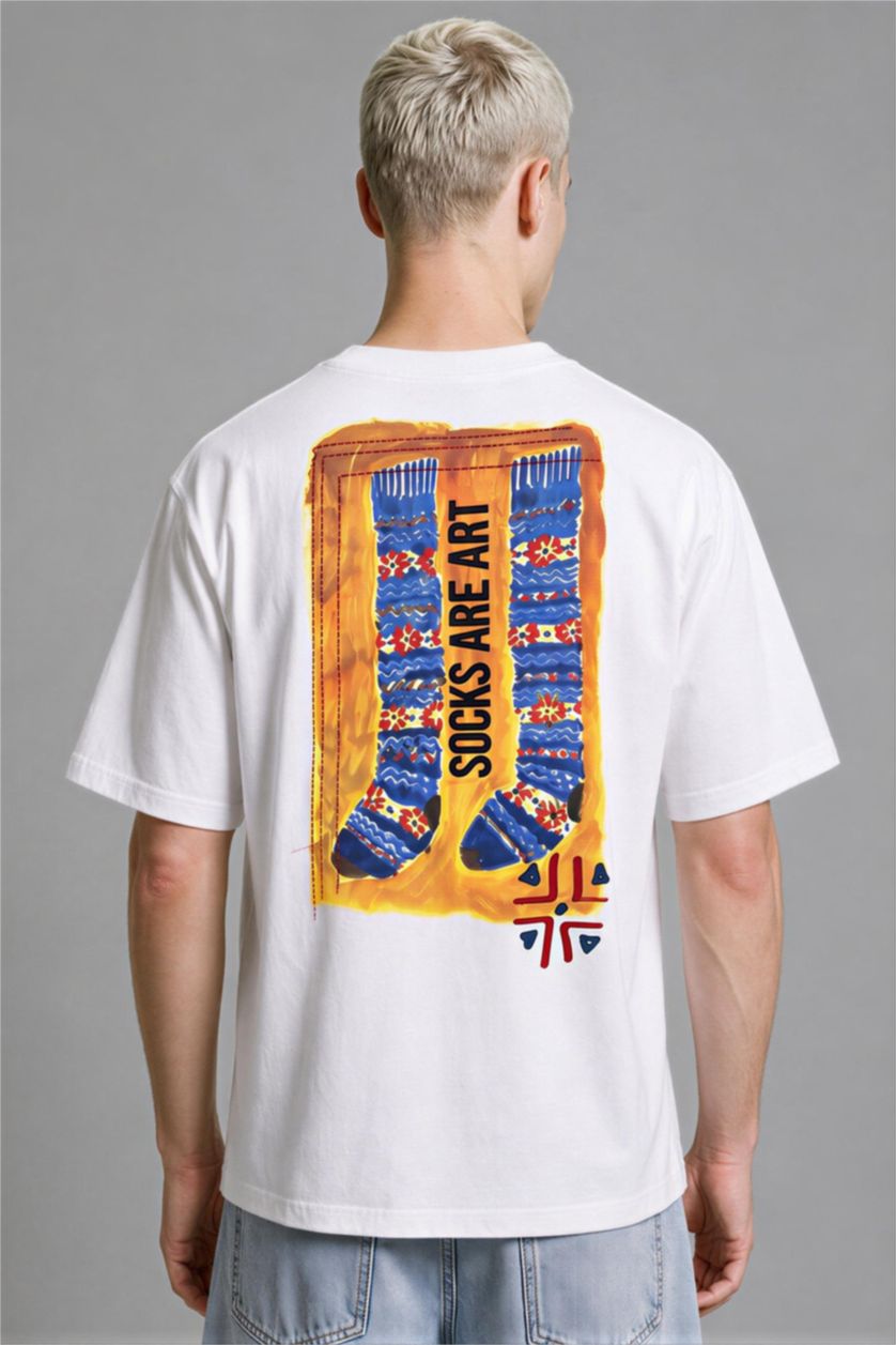 Erkek Ekru Oversize Kısa Kollu Baskılı Tişört