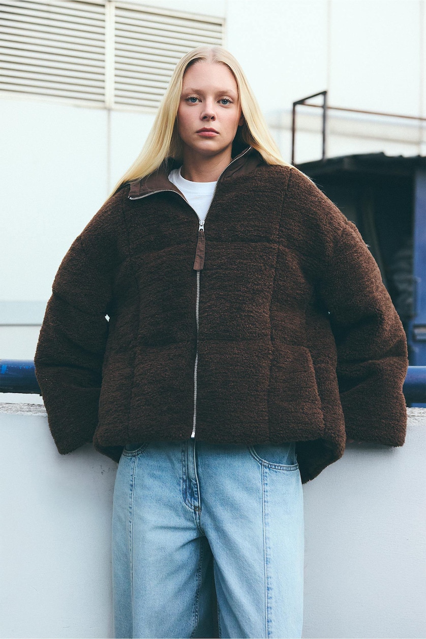 Women Brown Zipper Puffer Jacket